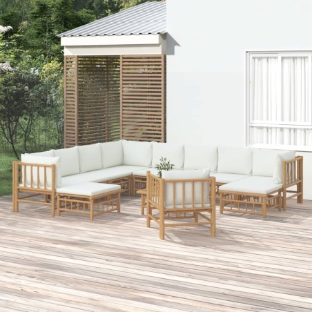 vidaXL Set de muebles de jardín 12 piezas bambú y cojines blanco crema