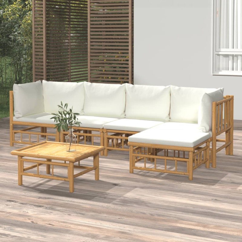 vidaXL Set de muebles de jardín 6 piezas bambú y cojines blanco crema vidaXL Set de muebles de jardín 6 piezas bambú y cojines blanco crema