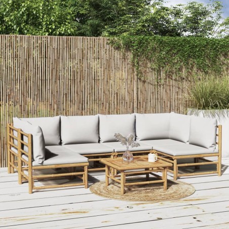 vidaXL Set de muebles de jardín 7 piezas bambú y cojines gris claro