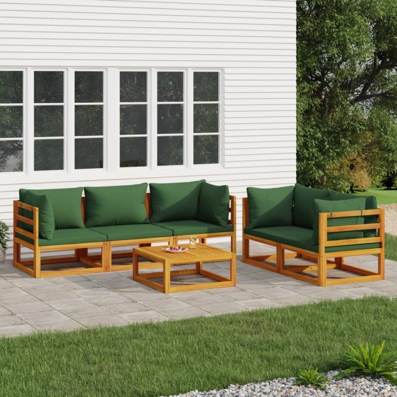 vidaXL Juego muebles de jardín 6 piezas madera maciza y cojines verdes vidaXL Juego muebles de jardín 6 piezas madera maciza y cojines verdes