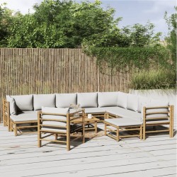 vidaXL Set de muebles de jardín 12 piezas bambú y cojines gris claro