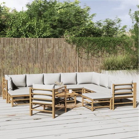 vidaXL Set de muebles de jardín 12 piezas bambú y cojines gris claro