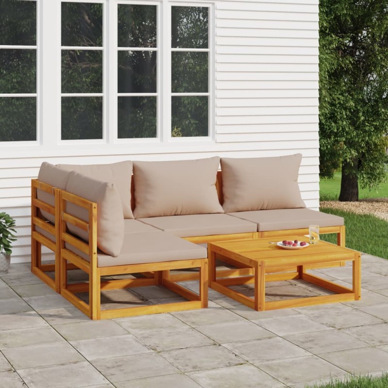 vidaXL Set muebles de jardín 5 pzas madera maciza y cojines gris taupé vidaXL Set muebles de jardín 5 pzas madera maciza y cojines gris taupé