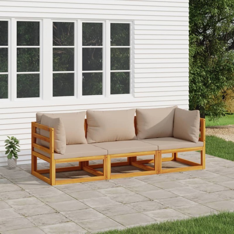 vidaXL Set muebles de jardín 3 pzas madera maciza y cojines gris taupé vidaXL Set muebles de jardín 3 pzas madera maciza y cojines gris taupé