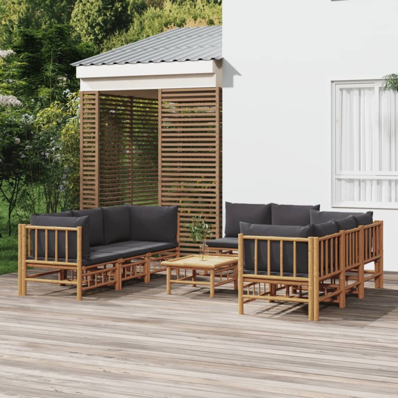 vidaXL Set de muebles de jardín 9 piezas bambú con cojines gris oscuro vidaXL Set de muebles de jardín 9 piezas bambú con cojines gris oscuro