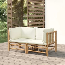 vidaXL Sofás de esquina de jardín 2 uds bambú con cojines blanco crema
