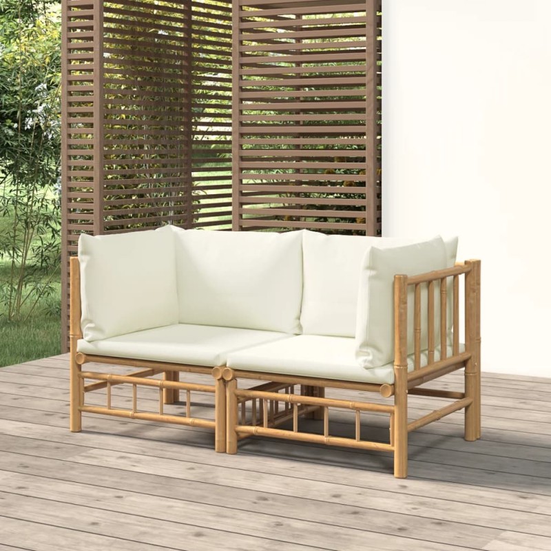 vidaXL Sofás de esquina de jardín 2 uds bambú con cojines blanco crema vidaXL Sofás de esquina de jardín 2 uds bambú con cojines blanco crema