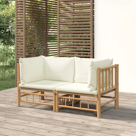 vidaXL Sofás de esquina de jardín 2 uds bambú con cojines blanco crema