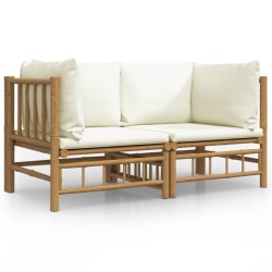 vidaXL Sofás de esquina de jardín 2 uds bambú con cojines blanco crema