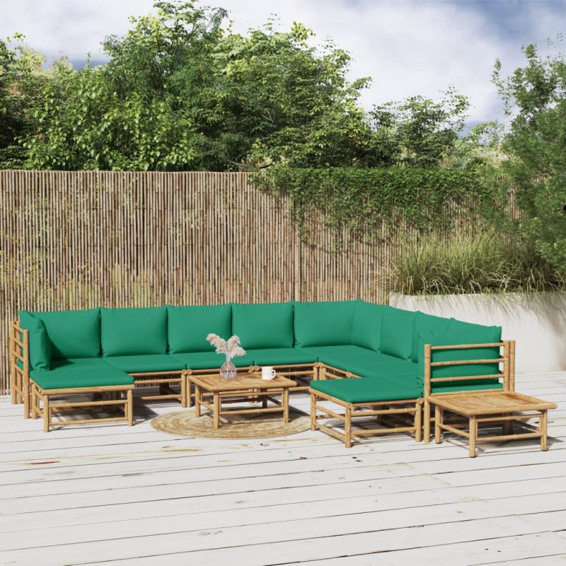 vidaXL Set de muebles de jardín 12 piezas bambú con cojines verde vidaXL Set de muebles de jardín 12 piezas bambú con cojines verde