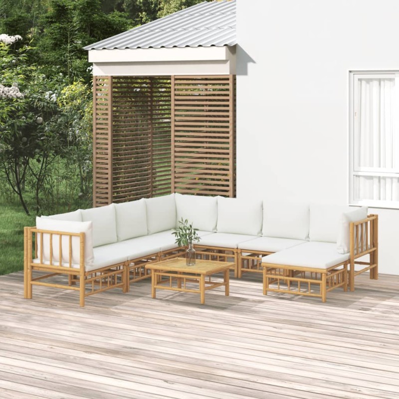 vidaXL Set de muebles de jardín 9 piezas bambú y cojines blanco crema vidaXL Set de muebles de jardín 9 piezas bambú y cojines blanco crema