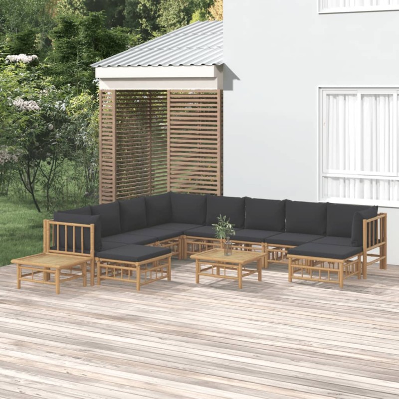 vidaXL Set de muebles de jardín 12 pzas bambú con cojines gris oscuro vidaXL Set de muebles de jardín 12 pzas bambú con cojines gris oscuro