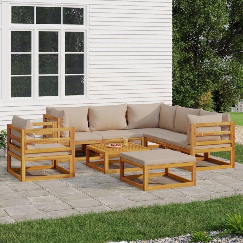 vidaXL Set muebles de jardín 8 pzas madera maciza y cojines gris taupé vidaXL Set muebles de jardín 8 pzas madera maciza y cojines gris taupé