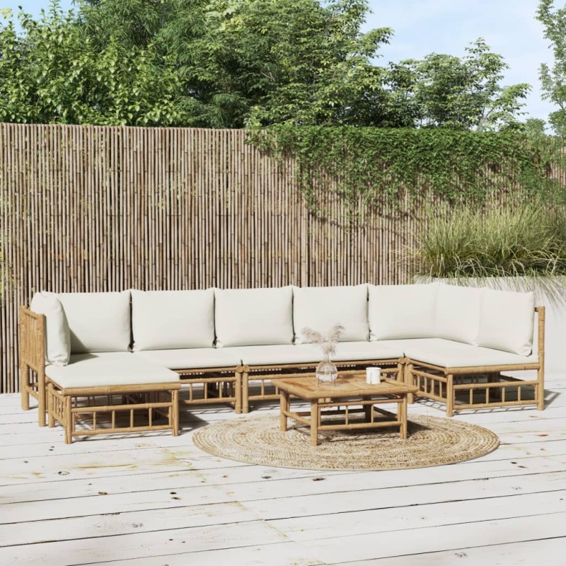 vidaXL Set de muebles de jardín 8 piezas bambú y cojines blanco crema vidaXL Set de muebles de jardín 8 piezas bambú y cojines blanco crema