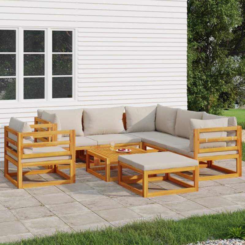 vidaXL Set muebles de jardín 8 pzas madera maciza y cojines gris claro