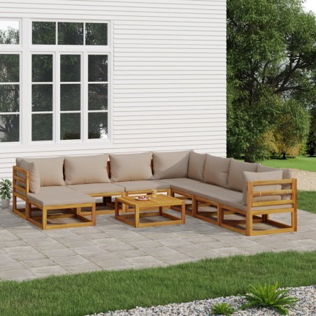 vidaXL Set muebles de jardín 9 pzas madera maciza y cojines gris taupé