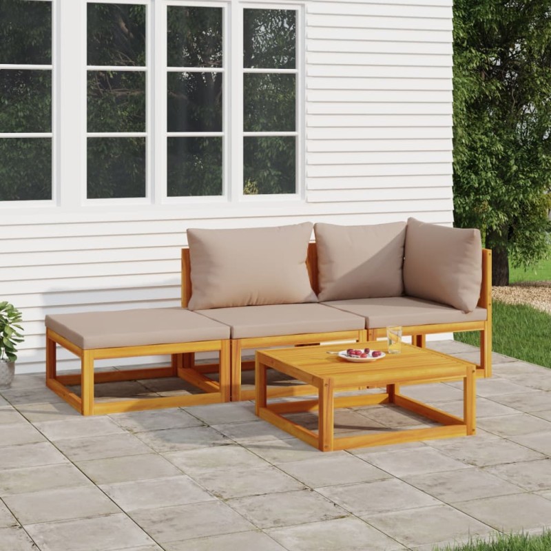 vidaXL Set muebles de jardín 4 pzas madera maciza y cojines gris taupé vidaXL Set muebles de jardín 4 pzas madera maciza y cojines gris taupé