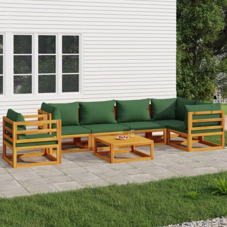 vidaXL Juego muebles de jardín 7 piezas madera maciza y cojines verdes