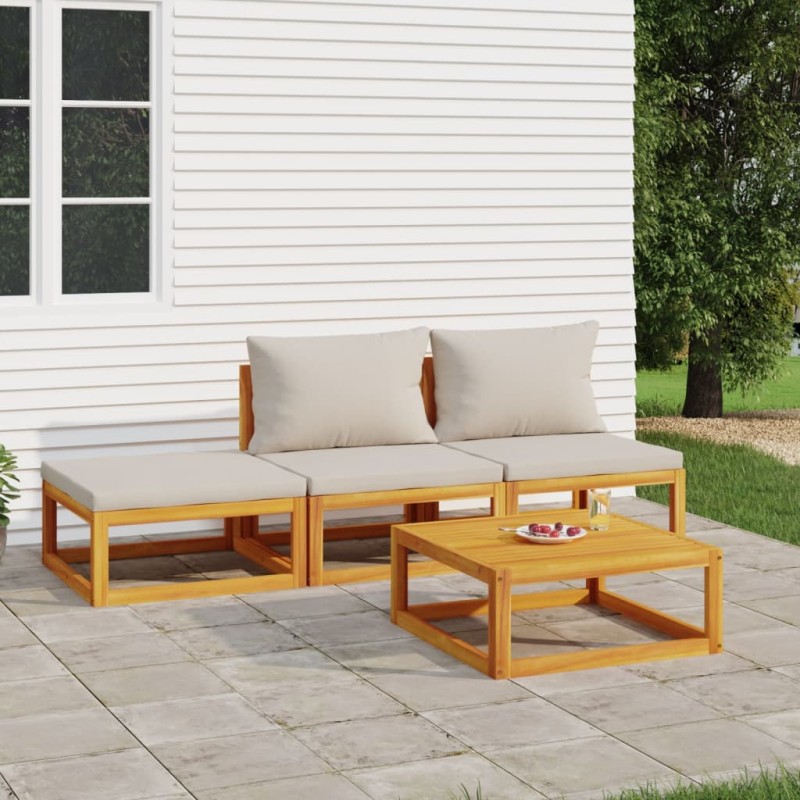 vidaXL Set muebles de jardín 4 pzas madera maciza y cojines gris claro vidaXL Set muebles de jardín 4 pzas madera maciza y cojines gris claro