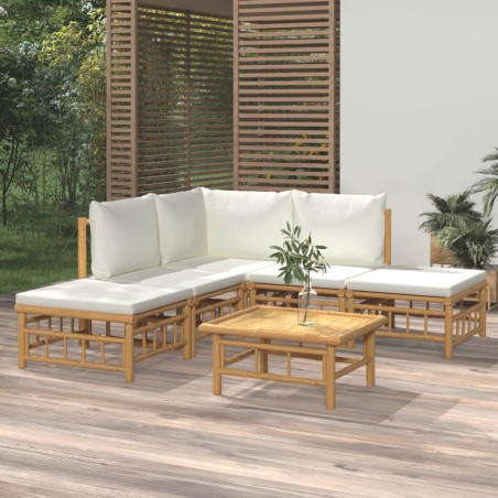 vidaXL Set de muebles de jardín 6 piezas bambú y cojines blanco crema