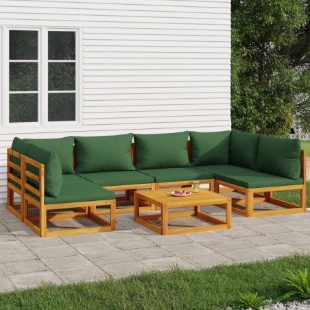 vidaXL Juego muebles de jardín 7 piezas madera maciza y cojines verdes