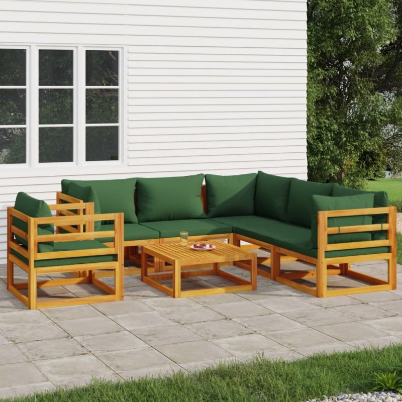vidaXL Juego muebles de jardín 7 piezas madera maciza y cojines verdes vidaXL Juego muebles de jardín 7 piezas madera maciza y cojines verdes