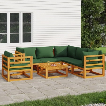 vidaXL Juego muebles de jardín 7 piezas madera maciza y cojines verdes