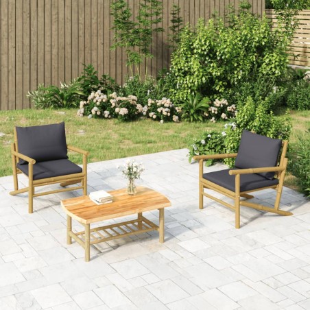 vidaXL Set de muebles de jardín 3 piezas bambú con cojines gris oscuro