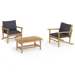 vidaXL Set de muebles de jardín 3 piezas bambú con cojines gris oscuro