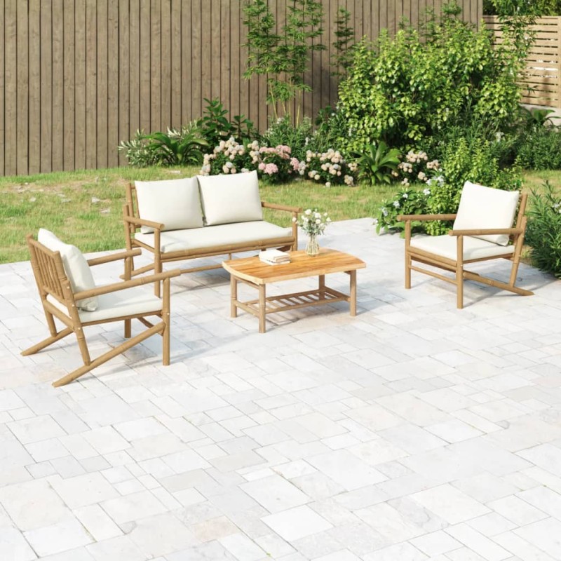 vidaXL Set de muebles de jardín 4 piezas bambú y cojines blanco crema vidaXL Set de muebles de jardín 4 piezas bambú y cojines blanco crema