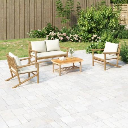 vidaXL Set de muebles de jardín 4 piezas bambú y cojines blanco crema