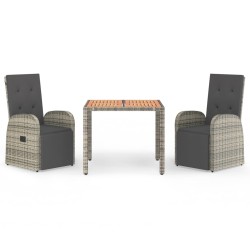vidaXL Set comedor de jardín 3 piezas con cojines ratán sintético gris