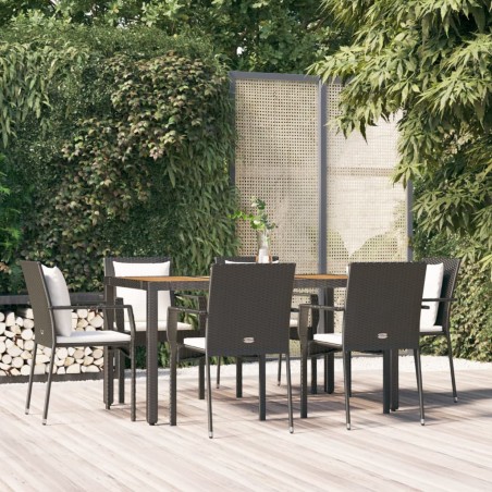 vidaXL Set de comedor de jardín 7 pzas y cojines ratán sintético negro