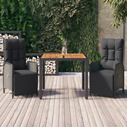 vidaXL Set comedor de jardín 3 pzas con cojines ratán sintético negro
