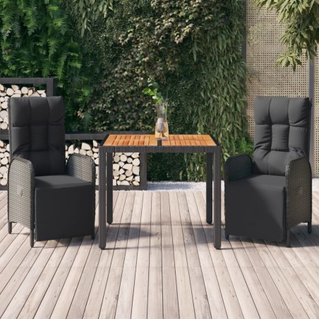 vidaXL Set comedor de jardín 3 pzas con cojines ratán sintético negro