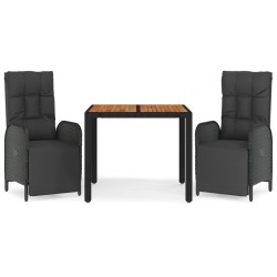 vidaXL Set comedor de jardín 3 pzas con cojines ratán sintético negro