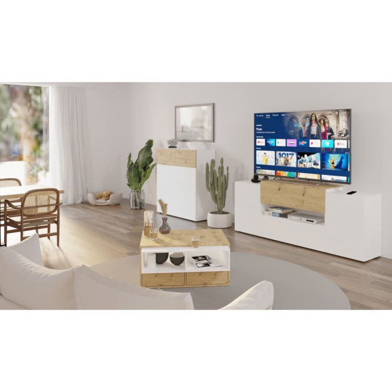 FMD Mueble de TV/equipos de música roble y blanco 182x33x70,2 cm FMD Mueble de TV/equipos de música roble y blanco 182x33x70,2 cm