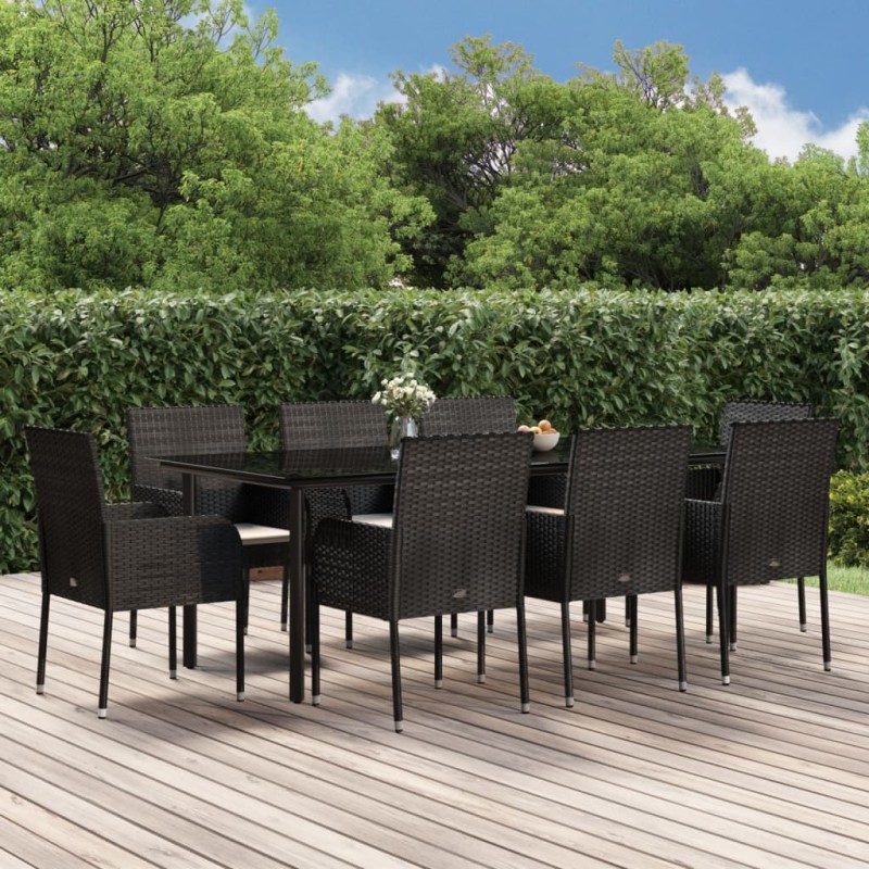 vidaXL Set de comedor de jardín 9 pzas y cojines ratán sintético negro vidaXL Set de comedor de jardín 9 pzas y cojines ratán sintético negro
