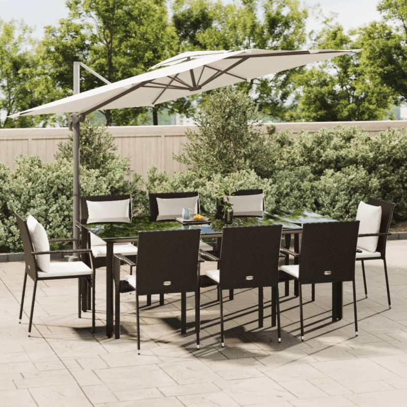 vidaXL Set de comedor de jardín 9 pzas y cojines ratán sintético negro
