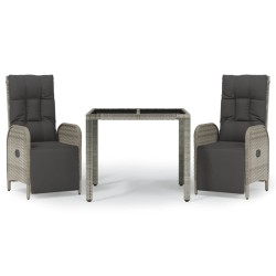 vidaXL Set comedor de jardín 3 piezas con cojines ratán sintético gris