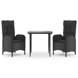 vidaXL Set comedor de jardín 3 pzas con cojines ratán sintético negro