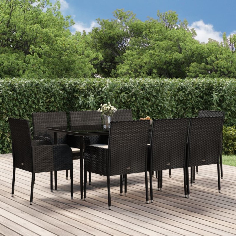 vidaXL Set de comedor de jardín 9 pzas y cojines ratán sintético negro vidaXL Set de comedor de jardín 9 pzas y cojines ratán sintético negro