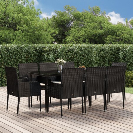 vidaXL Set de comedor de jardín 9 pzas y cojines ratán sintético negro