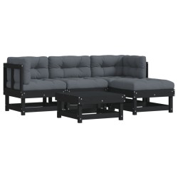 vidaXL Juego de muebles de jardín 5 pzas y cojines madera maciza negro