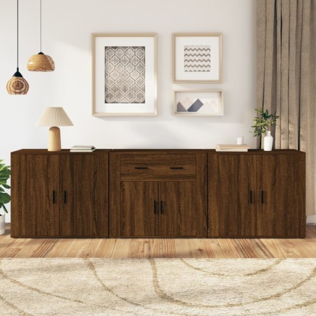 vidaXL Aparadores 3 piezas madera contrachapada marrón roble