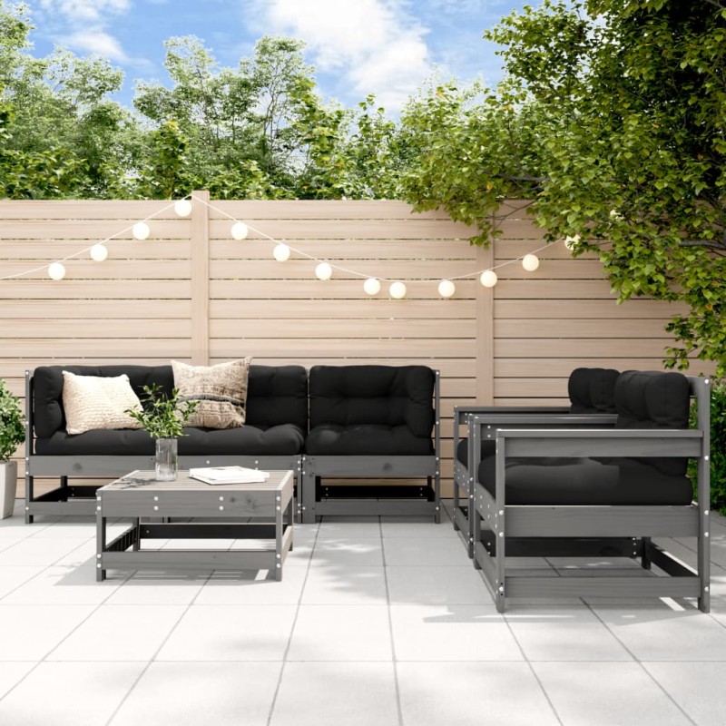 vidaXL Juego de muebles de jardín 6 pzas y cojines madera maciza gris vidaXL Juego de muebles de jardín 6 pzas y cojines madera maciza gris