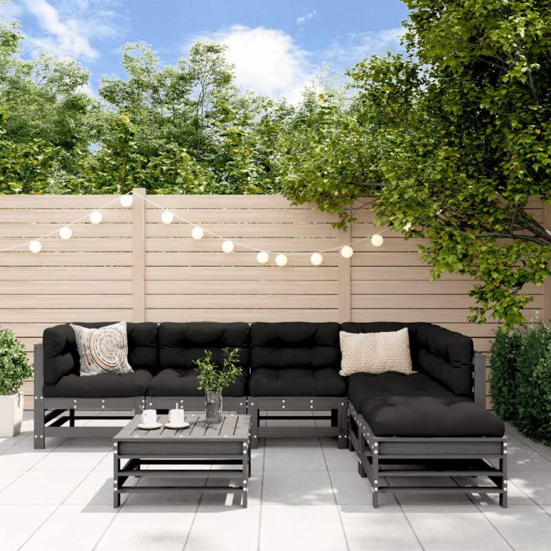 vidaXL Juego de muebles de jardín 7 pzas y cojines madera maciza gris vidaXL Juego de muebles de jardín 7 pzas y cojines madera maciza gris