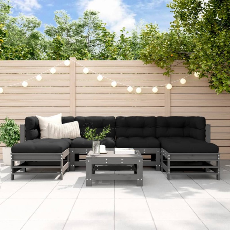 vidaXL Juego de muebles de jardín 7 pzas y cojines madera maciza gris vidaXL Juego de muebles de jardín 7 pzas y cojines madera maciza gris
