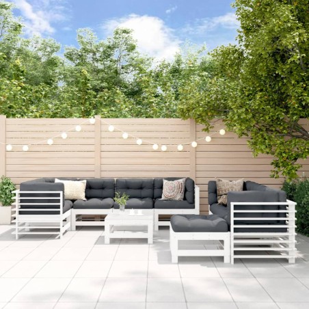 vidaXL Juego de muebles jardín 10 pzas y cojines madera maciza blanco