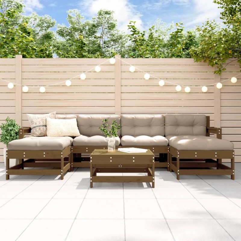 vidaXL Juego muebles jardín 7 pzas y cojines madera maciza marrón miel